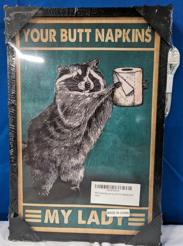 New Framed "Butt Napkins" Canvas. 8" by 12" with Gloves and Tape Measure.