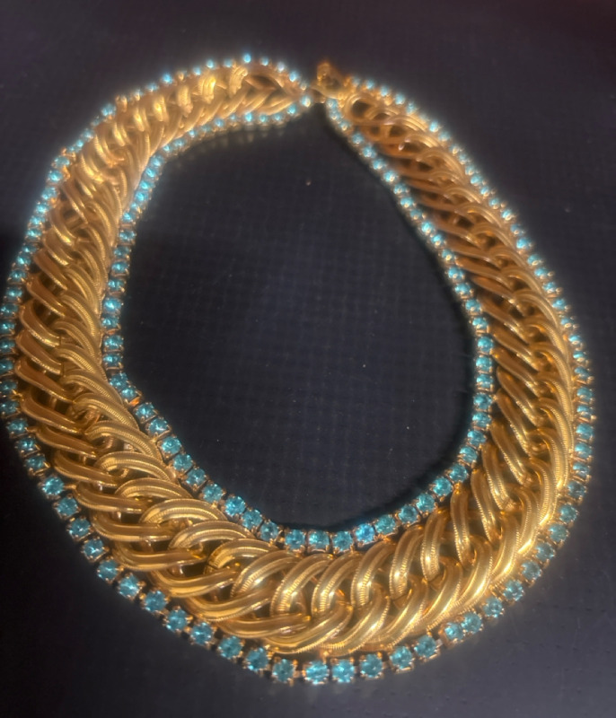 Vintage Statement Woven Gold tone Teal Rhinestones Stunning