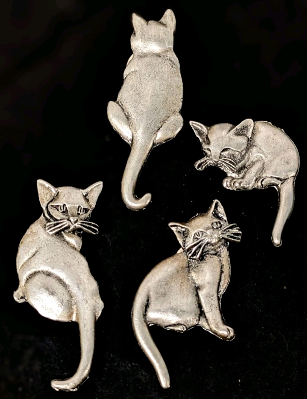 4 Absolutely Darling Signed Metzke Vintage Pewter Kitty Cat Button-Covers | 1.5" - 2.5" long