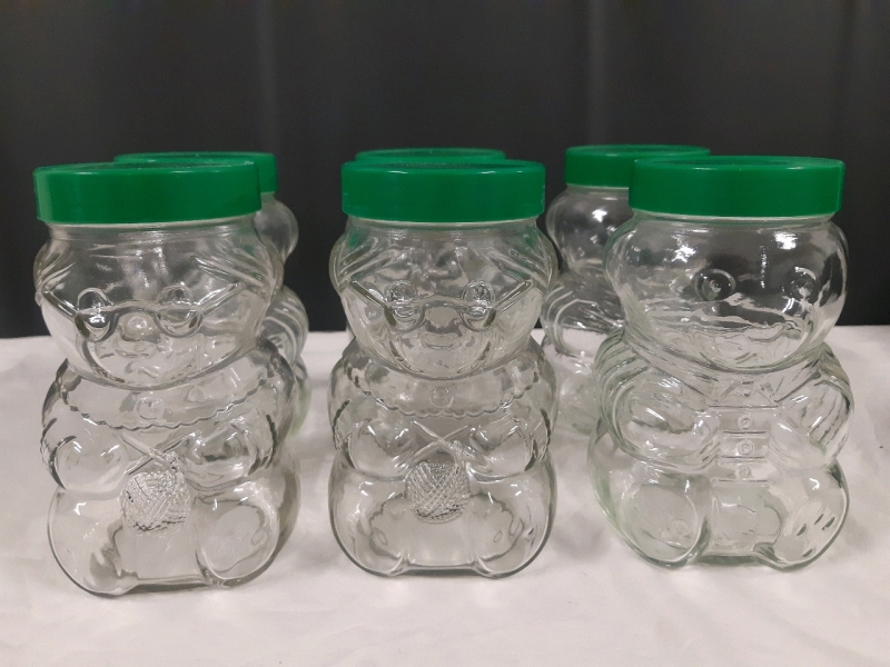 6 Vintage New Kraft Peanut Butter Teddy Bear Advertising Jars With Christmas Design ( 6.5" Tall )