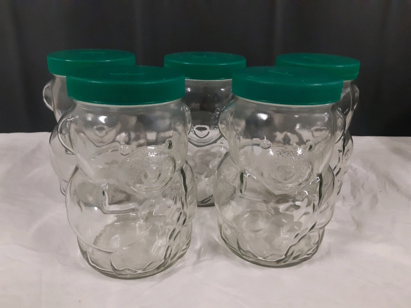 5 New Kraft Teddy Bear Advertising Glass Jars / Kraft Teddy Bear Piggy Bank 7.5" Tall