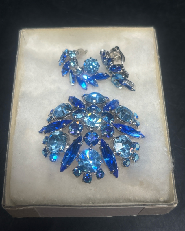 Hand Prong Set Blue Swarovski Brooch Matching Earring Set