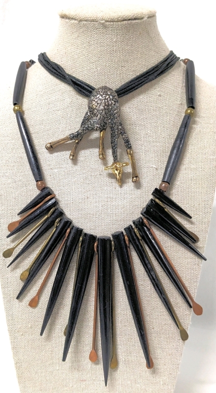 Vintage Copper & Black Ebony Brutalist Sunburst Necklace (19") & Signed "And Lovely" Necklace (18") with Large Drinking Giraffe Pendant (2.5" x 2.25" Tal)