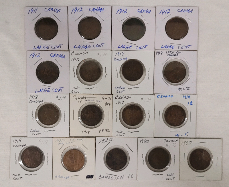 1911 - 1920 Canadian King George V Large Cent Pennies in 2×2 Coin Holders . Various Condition