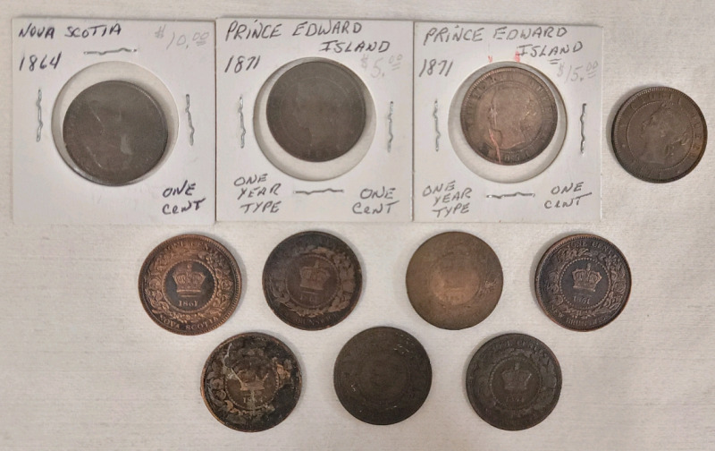 1861 - 1871 Nova Scotia , P.E.I. & New Brunswick Large One Cent Pennies . Various Condition