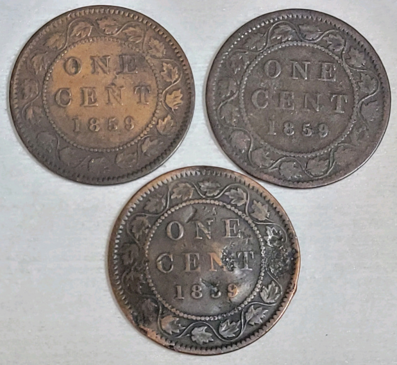 1859 Canadian Queen Victoria Large One Cent Pennies , Various Condition . Three (3) Coins