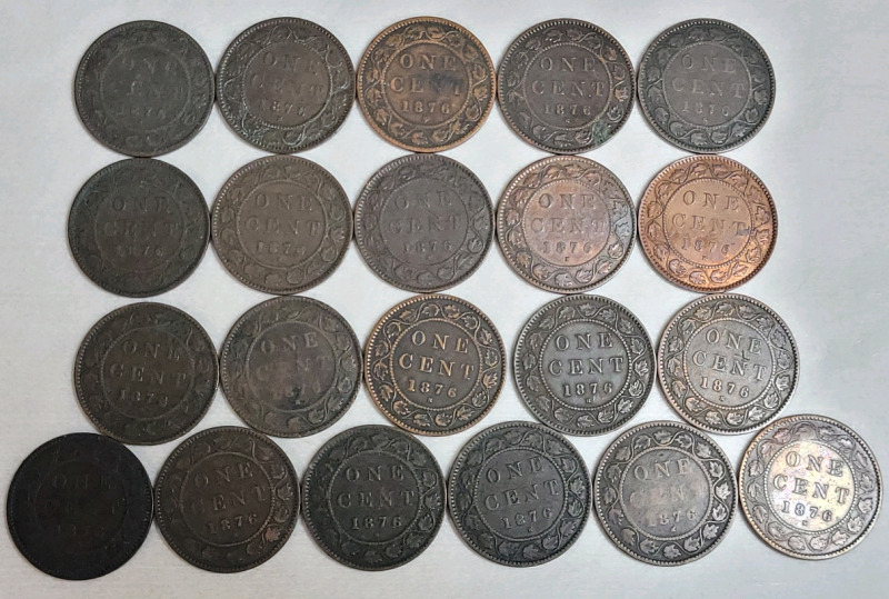 1876 H Canadian Queen Victoria Large One Cent Pennies , Various Condition . 21 Coins