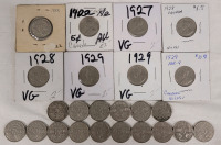 1922 - 1929 Canadian King George V Five Cent Nickels . 24 Coins in Various Condition