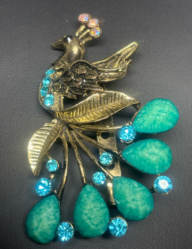 Vintage Opaque & Rhinestone Peacock Brooch