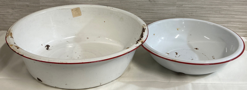 2 Vintage Large and Medium Enamel Ware Tub Basin Farm House Round Wash Bowls Approximately 16” & 12” White With Red Trim Some Wear