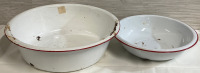 2 Vintage Large and Medium Enamel Ware Tub Basin Farm House Round Wash Bowls Approximately 16&rdquo; & 12&rdquo; White With Red Trim Some Wear