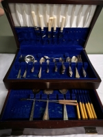 Vintage Wooden Silverware Case with Mixed Silverware