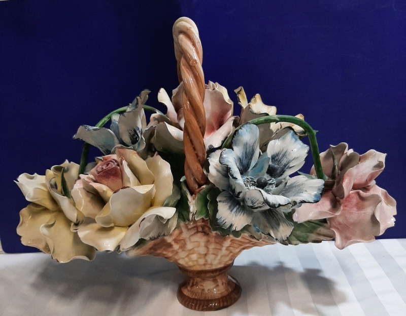 Vintage China Floral Basket of Blooms 13.5" Tall X 18" Long