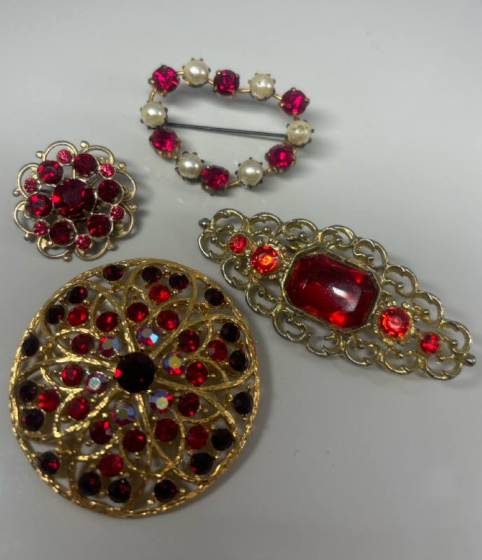 4 Vintage Red Cab & Rhinestone Brooches