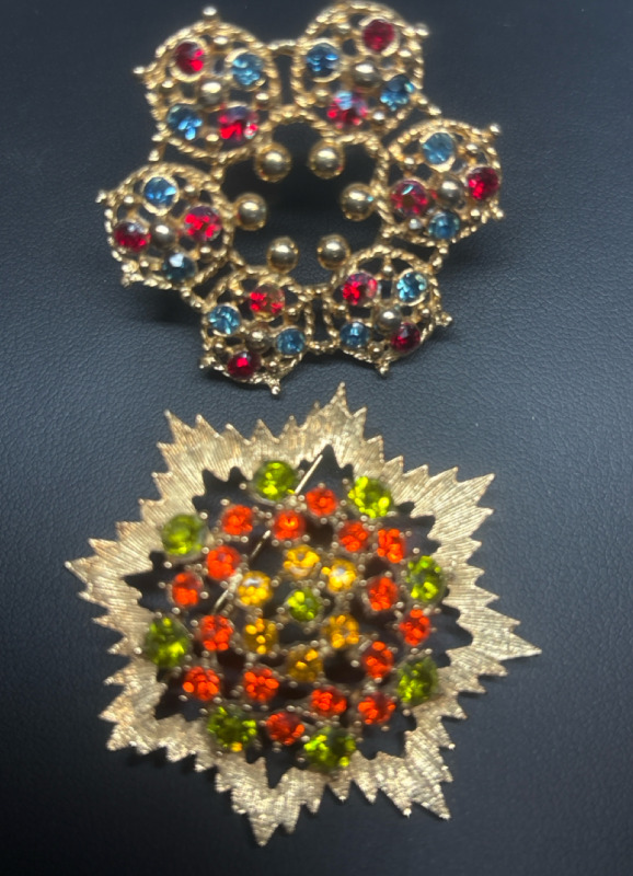 Two Lovely Signed Brooches with Rhinestones