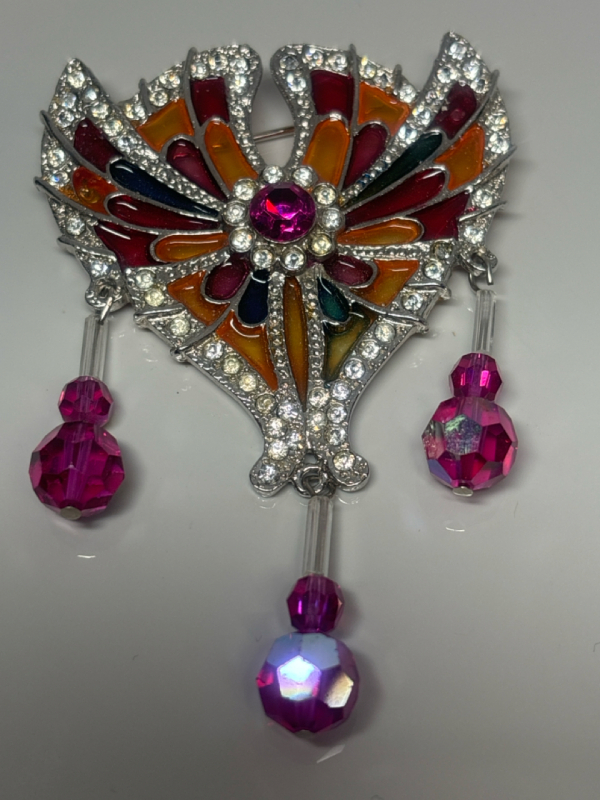 Vintage Enamel & Rhinestone Chatelaine Brooch Large