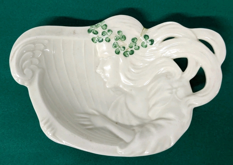 Vintage BELLEEK Ireland Harp Shamrock Butter Dish (Green Stamp) | 7" x 4.5" x 1.5" Tall