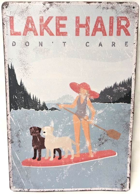 New "Lake Hair, Don't Care" Rustic-Style Metal Sign | 7.8" x 11.5"