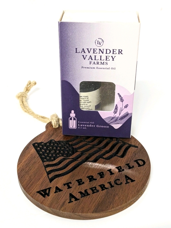 New Lavender Valley Farms Lavender Grosso Essential Oil 0.5ml & Waterfield America Laser Cut Wood Ornament 4" Diameter