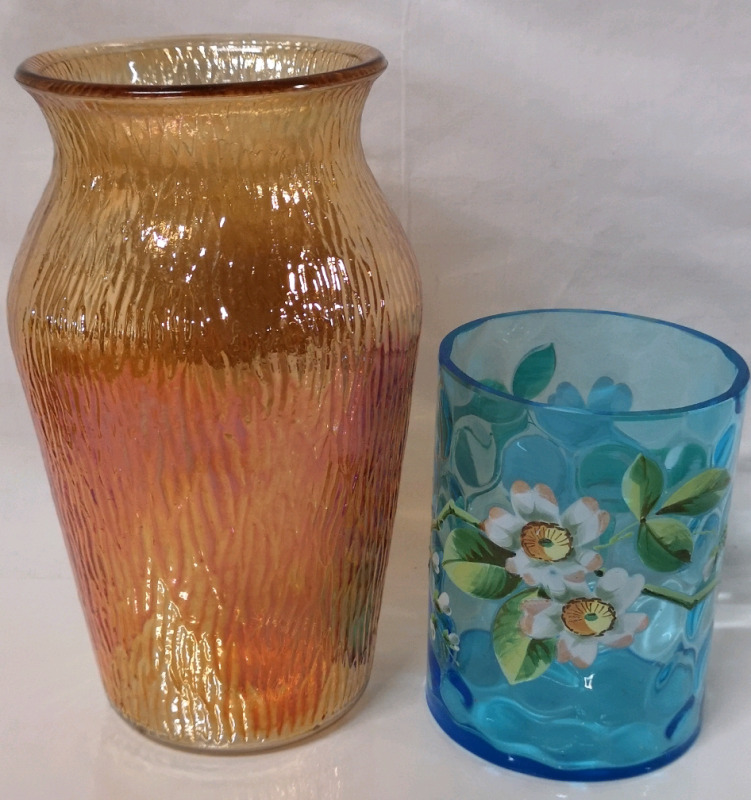 Vintage Glass Carnival Style Vase & Blue Glass