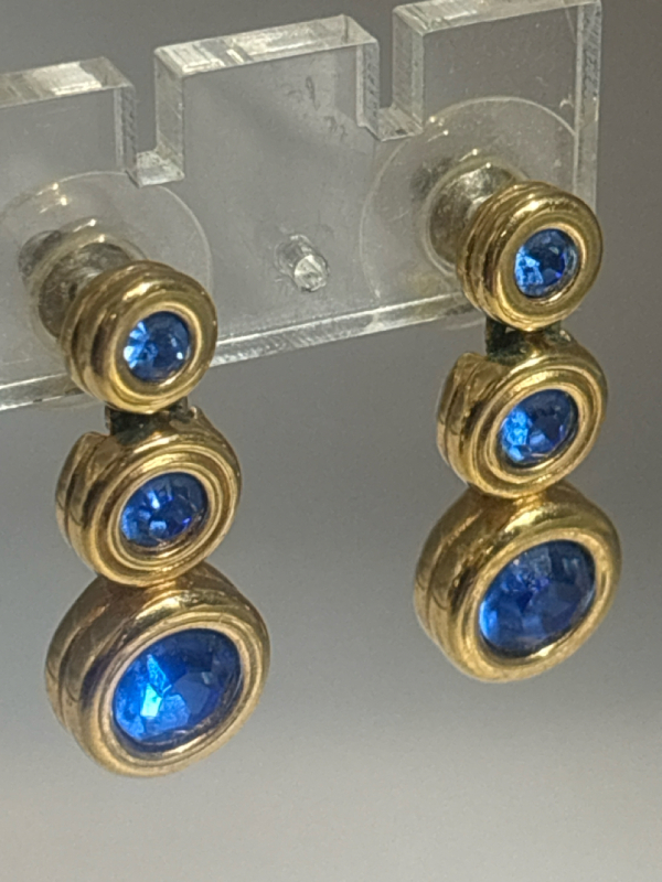 SWAROVSKI Blue Crystal 3 Stone Drop Swan Logo Earrings