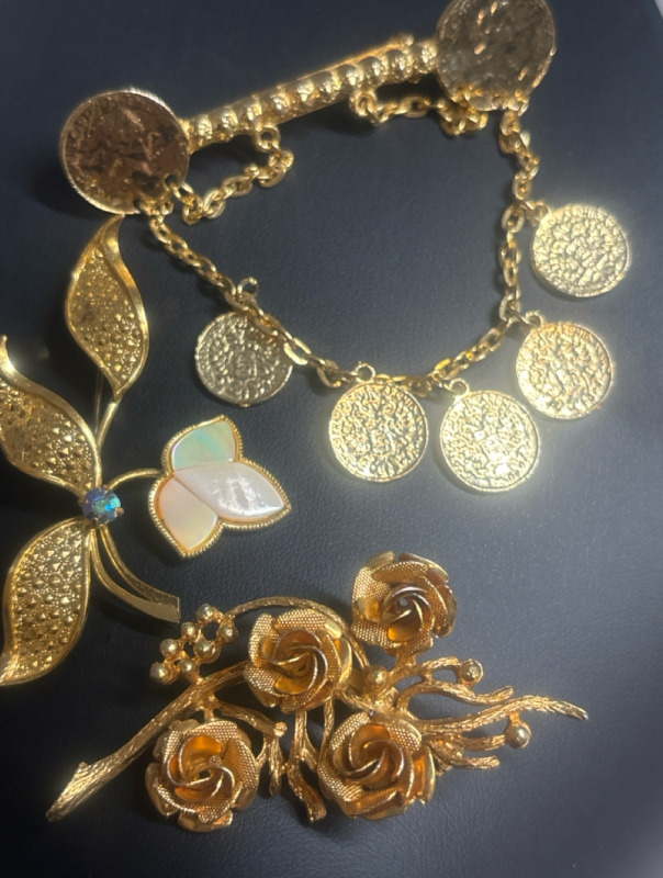 Lovely Brooches CORO Coin Chatelaine and MOP Rhinestone Flower