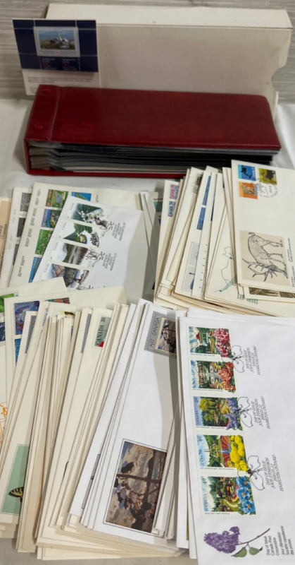 Vintage Uni-Safe Stamp Album With 50 Double Sided Sheets Partially Filled 95 Loose Day of Issue Letters With Stamps and Assorted Stamps Canadian