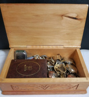 Carved wooden box with mens jewelry etc.