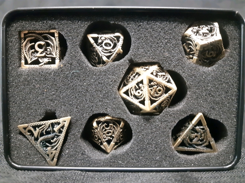 New 7pc Metal Polyhedral Dice From Dungeons and Dragons Includes D4, D6, D8, D10, D12, D20 and Percentile Die