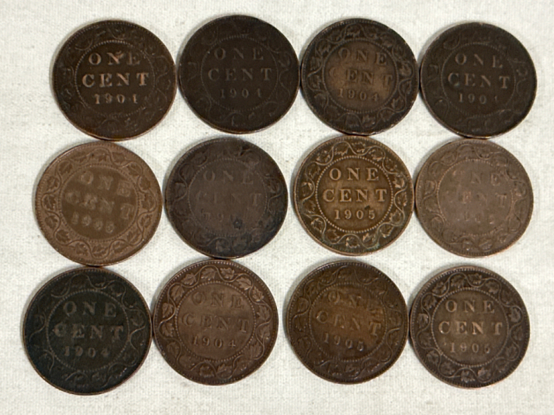 12 1904-1905 Large Canadian 1 Cent King Edward VII Pennies