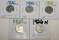 1926 Near 6 Canadian King George V Five Cent Nickels in Various Condition . Five (5) 1926 Coins