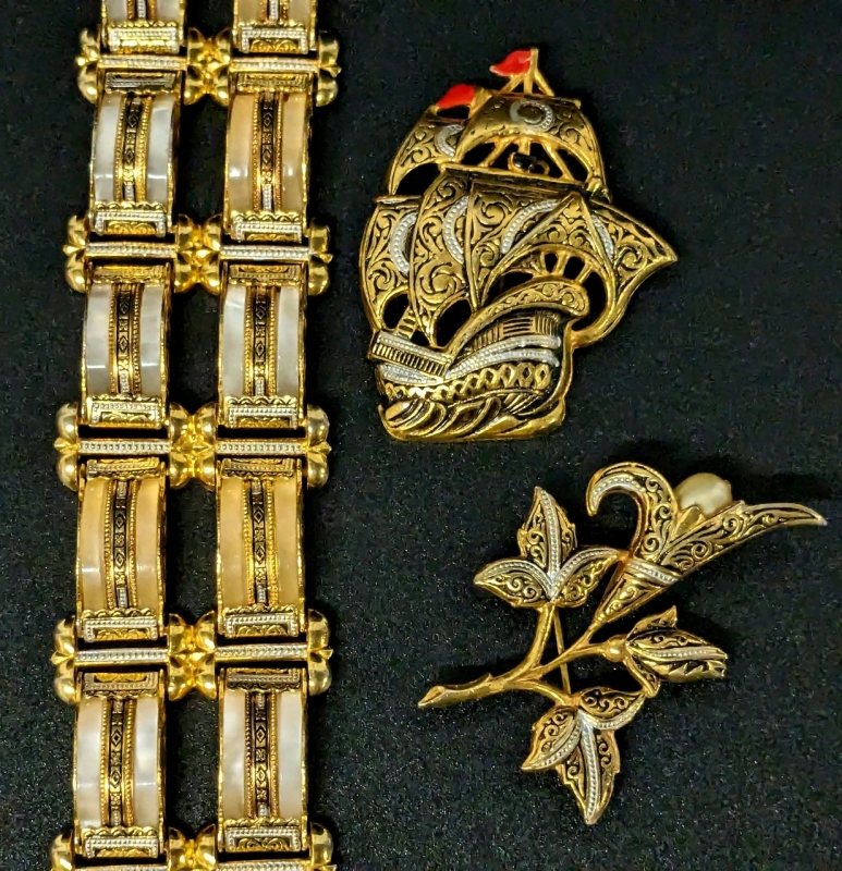 Vintage Gold Tone Damascene: Ship (2.2") & Flower (2.25" ) Brooches with Mother of Pearl Hinged Bracelet (7.25" Long x 1.25" Wide)
