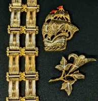 Vintage Gold Tone Damascene: Ship (2.2") & Flower (2.25" ) Brooches with Mother of Pearl Hinged Bracelet (7.25" Long x 1.25" Wide)