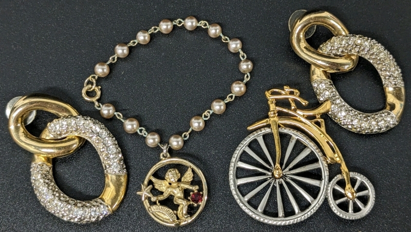 Gorgeously Gold Tone : Penny Farthing Bike Brooch, Pink Pearl Bracelet with Large Charm Cherub Holding a Garnet-Colored Stone and Gold Tone & Clear Stone Earrings