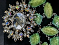 Vintage Large Aurora Borealis + Clear Stone Silver Tone Brooch / Pendant (2.5" D) on 30" Long Necklace Chain & Modern Green & Glittery Statement Necklace (20")