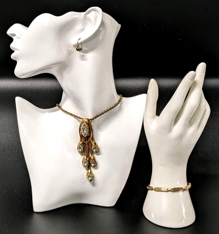 Vintage Gold Tone Mesh Juliana Pendant (3.5" Long) on 18" Necklace Chain, 6" Bracelet with Hook Clasp & Signed Earrings with Red Stones (for Pierced Ears)