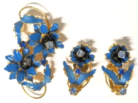 3pc Vintage Gold Tone & Rhinestone Flower Earrings & Brooch Set