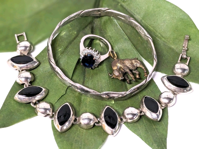 Vintage Silver Tone Bracelet (6.5" Long), Bangle (2.5"D), Ring (Size 6) and Charming Bull / Taurus Pendant (1" Across)