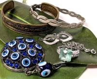 Signed Vintage Bond Boyd 925 Sterling Silver Earrings, Signed Sterling Size 7 Ring, Mexico Bangle, Open-Cuff Bracelet, 925 Italy Chain & Evil Eye Keychain