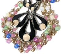 Gorgeous Vintage Reversible Black Onyx + Shell + Silver Tone Necklace & Fun Vintage Triple-Strand Multicolor & Gold Tone Necklace