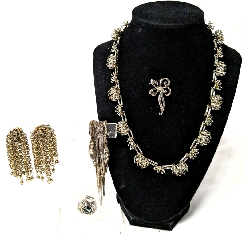 Signed Vintage Coro Earrings, Neat Mod Blooming Flower Necklace, Brooch, Pendant with Swappable Center & Possibly 2 Tangled Necklaces