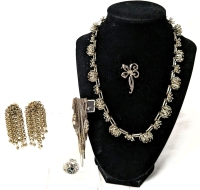 Signed Vintage Coro Earrings, Neat Mod Blooming Flower Necklace, Brooch, Pendant with Swappable Center & Possibly 2 Tangled Necklaces