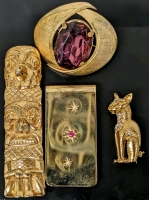 Vintage Gold Tone Jewelry : Money Clip with Ruby, Large Brooch with Colored Stone, Totem Pole Brooch & Darling Cat Brooch