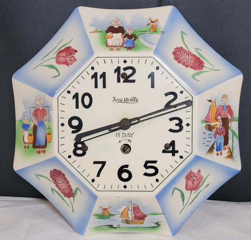 Vintage Forestville 8 Day Windup Ceramic Wall Clock . Dutch Themed Design , No key . Untested