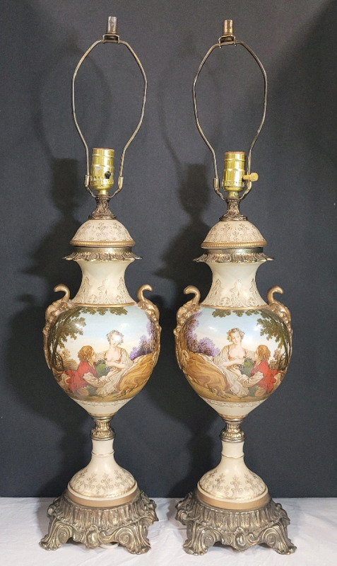 Vintage Pair Porcelain Table Lamps , No Shades . Both Tested Working