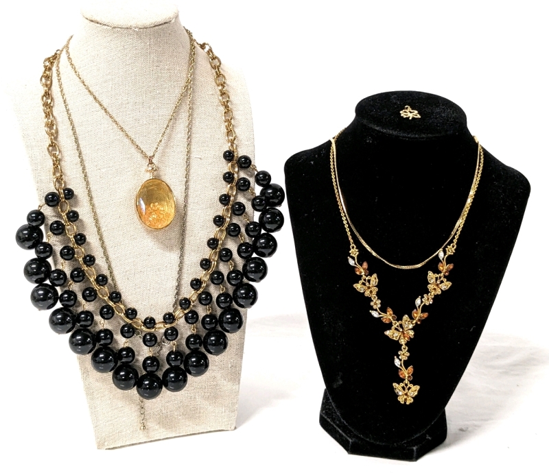 Vintage to Modern Striking Gold Tone Jewelry : Large Black + Gold Necklace, Shaker Necklace, Butterfly Necklace, Chain Stamped Korea & 4-Leaf Clover Charm