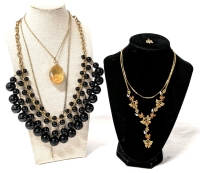Vintage to Modern Striking Gold Tone Jewelry : Large Black + Gold Necklace, Shaker Necklace, Butterfly Necklace, Chain Stamped Korea & 4-Leaf Clover Charm