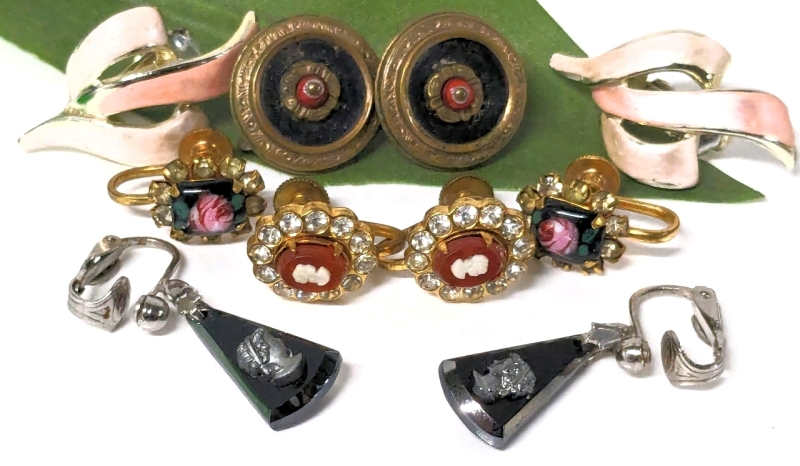 5 Pairs of Vintage Earrings incl 2 Signed CORO and Tiny Cameo Earrings