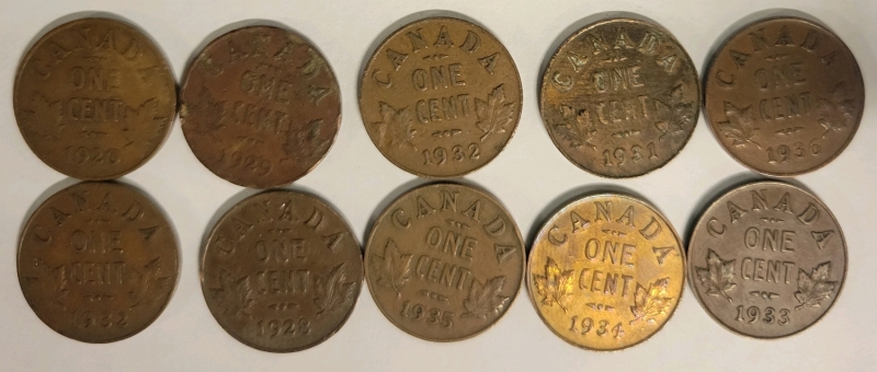 1920-1936 Canadian King George V Small Cents Lot Of 10 Total *See Description*