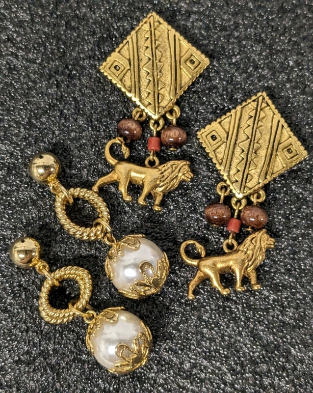 Vintage Signed Disney The Lion King "Simba" Earrings (1.75" Long) & Unsigned Trifari Earrings (2.75" Long)